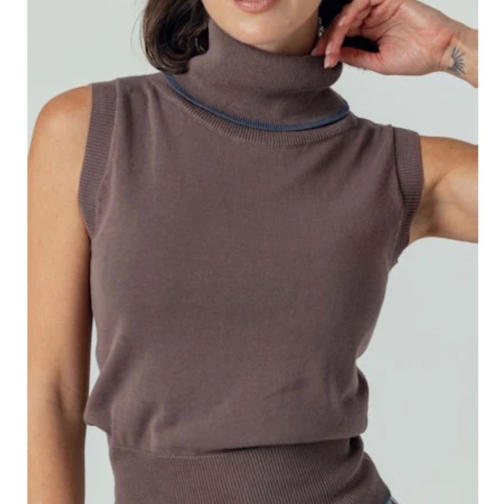 sundays Sleeveless Turtleneck Knit Tank in Taupe with Slate Trim